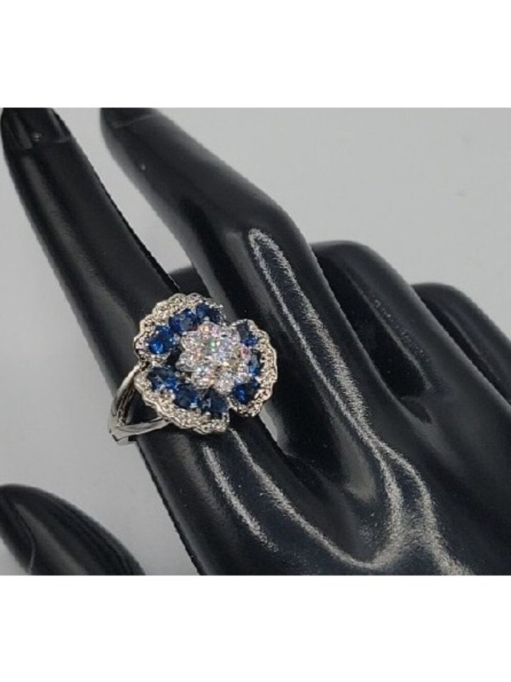 Sterling Silver Crystal Flower Ring Blue Clear Stones 925 Ruffled Petals SZ 9 - Picture 3 of 16